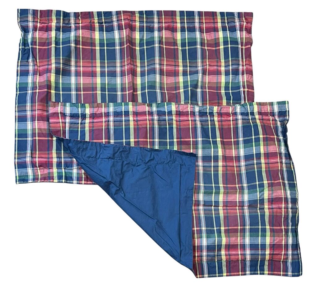 Vintage Ralph Lauren Pillow Sham Set of 2 Standard Plaid Madras Blue Red Cotton
